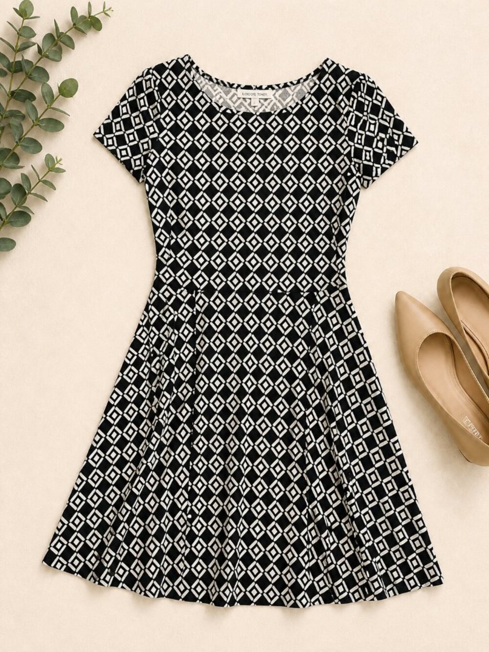 Black & White Geometric Print Fit & Flare Dress